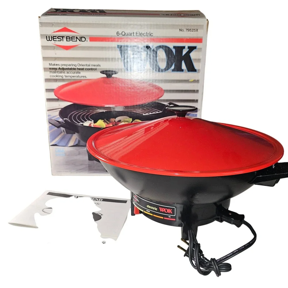 West Bend 6 Quart Electric Wok 79525X 90s Red Lid Non-Stick Fry Pan Vintage USA
